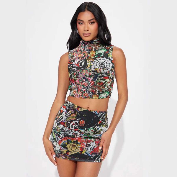 Gym Clothing European American Sexy Hot Girl Printed Mid-Collar Tank Top And Bodycon Skirt Set Sportswear Set