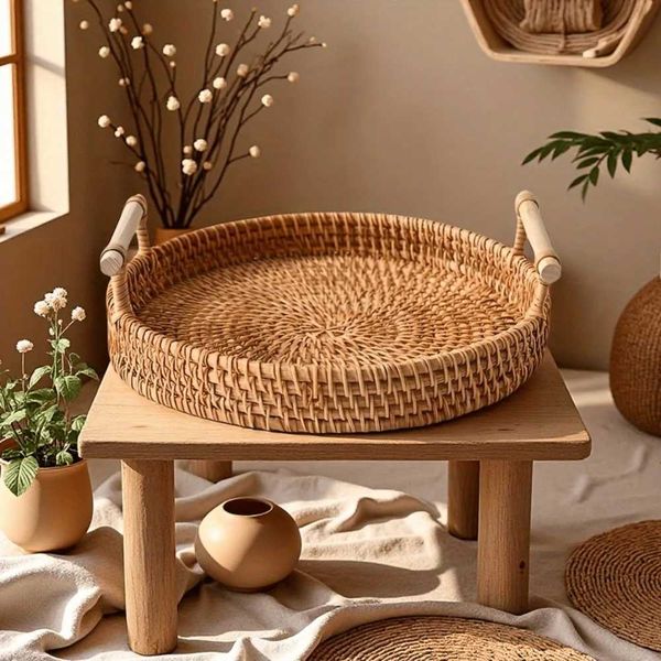 Vintage Handwoven Rattan Tray - All-Season Round Storage Basket with Wooden Handle Suitable for Home BedroomJ260527