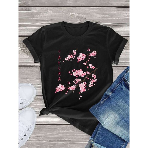 Sakura Cherry Blossom Print Casual Crew Neck Short — compare prices at CompareOffers