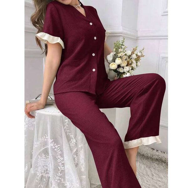 Simple Solid Color Pajama 2Pcs Set Short Sleeve Button Up V-Neck TopAnd Elastic Pants Women's Soft Sleepwear For Summer Homewear