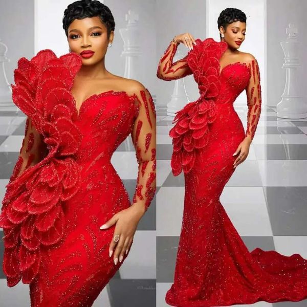 Red Prom Party Dresses Plus Size Aso Ebi Long Sleeves 2026 Evening Gowns for Black Women Formal Celebrity Birthday Engagement Robes de soiree Customized