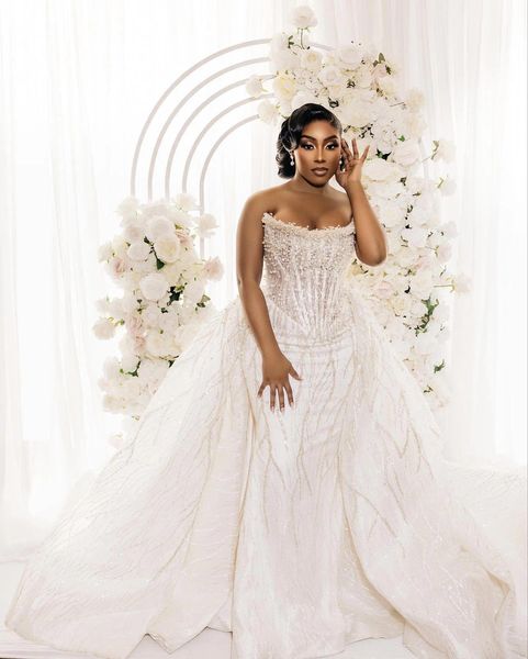 Ivory Lace Wedding Dresses Mermaid Beaded Pearls Detachable Train Sequined Lace Satin Bridal Gowns Dresses Custom Made Color/Size