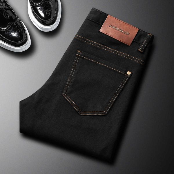 Brand Stitched Trendy Black Jeans For Men Autumn And Winter Elastic Slim Fit Straight Long Pants Fashionable High-End Men's