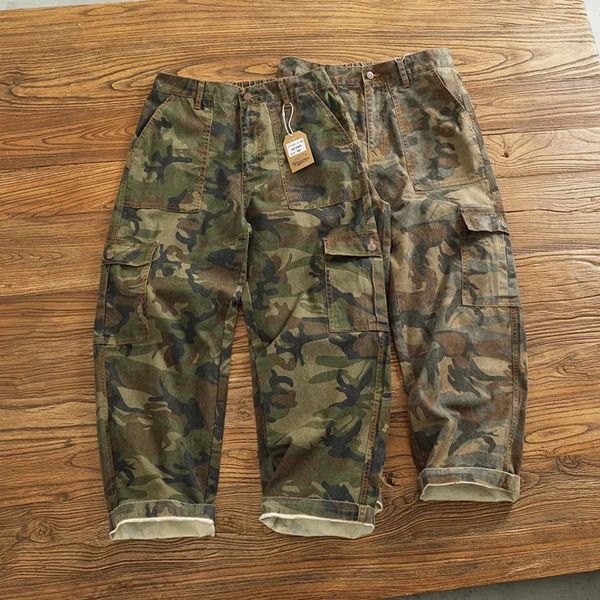 Cargo casual pants men's Japanese style outdoor multi-pocket loose retro elastic waist profile straight drum camouflage pants