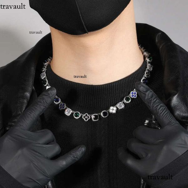 Fashion Gold Bracelets Chains For Men's Women's Vintage Light Colourful Dia Iced Out Four-leaf Flower Clover Necklace Jewellery