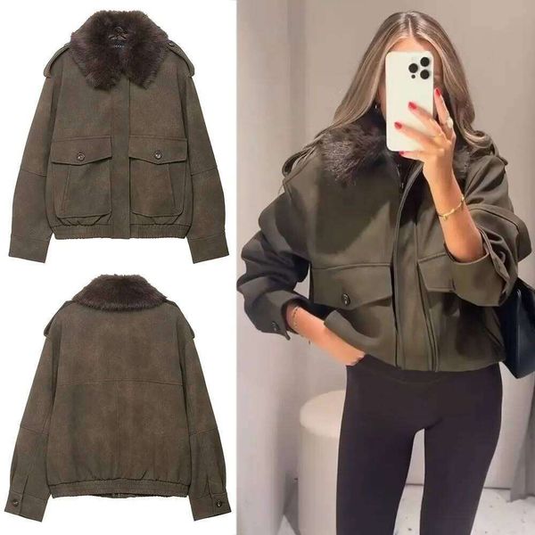 HH Women Fashion Faux Fur Lapel Coats Vintage Solid Long Sleeve Zipper Jackets With Pockets Autumn Winter Casual Warm Outwear
