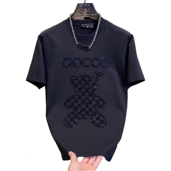 Men's T Shirts Designer Black Beaded Bear Print Crew Neck Short Sleeve Casual Summer Streetwear Tops For Men