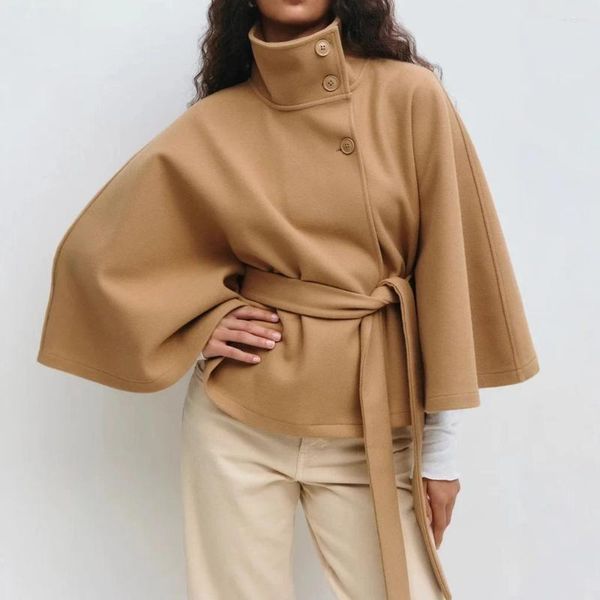 Women's Jackets PRINTKAOIR Belt Poncho Capes Women Black Cloaks Winter Coats Bat Sleeve Cape For Fashion Jacket