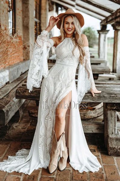 Chic Crochet Lace Bohemian Wedding Dress With Detachable Poet Long Sleeves Thin Straps Deep Split Side Beach Bride Gown Hippe Country A-Line Vestido De Novia Mb529