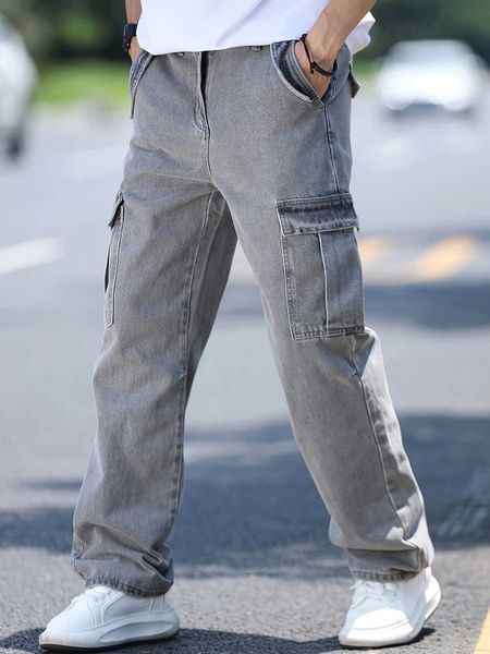 Mens multi pocket denim work pants straight leg denim pants H260530