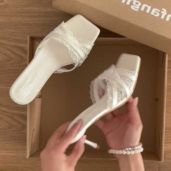 Lace Open Toe Women's Slippers with Thin Heels