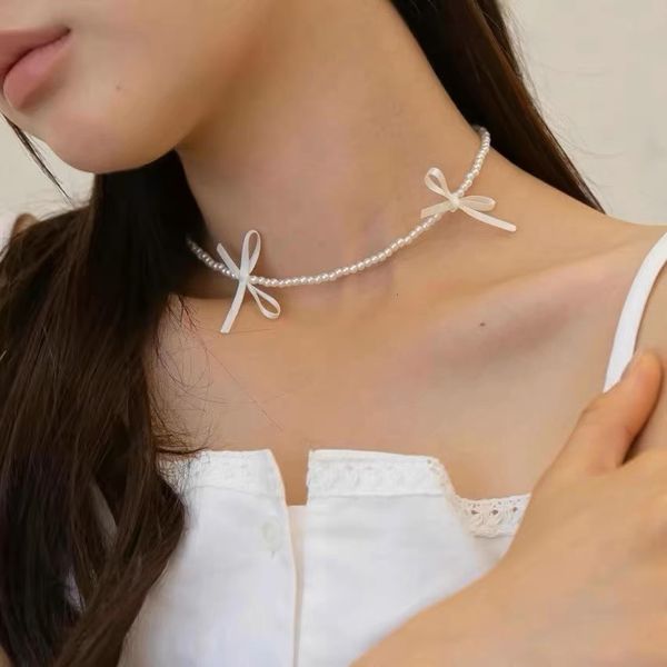 Pearl Collarbone Bowknot Baroque Choker Necklace