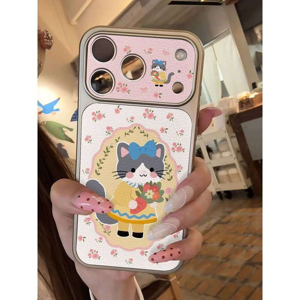 Cartoon Flower Kitten Imitate Phone Case For iPhone 13 14 15 16 17 Pro Max 17Pro Plating Bumper Shockproof Leather INS Cover