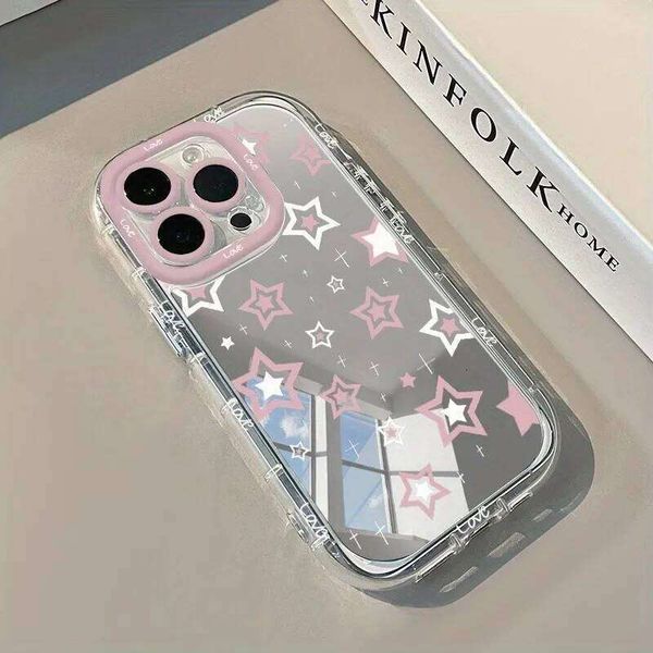Light Blue Dopamine Heart Star Pattern Phone Case For iPhone 17 Pro Max Cases 16 15 14 13 12 11 X XS XR 7 8Plus 16E Mirror Cover