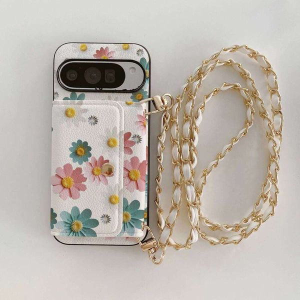 White Colorful Daisy Card Holder PU Leather Phone Case With Detachable Crossbody Chain For Google Pixel 6 7 8 9a