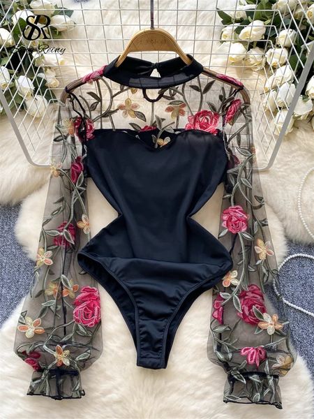 SINGREINY Vintage Embroidery Gauze Sexy Bodysuits Stand — compare prices at CompareOffers