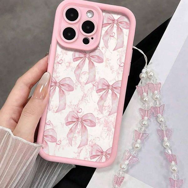 Korean Wrist Strap Case 17 15 16 14 Pro Max Plus Cases Pink Bow For iPhone 13 11 12 XR 7 With Butterfly Lanyard Cover