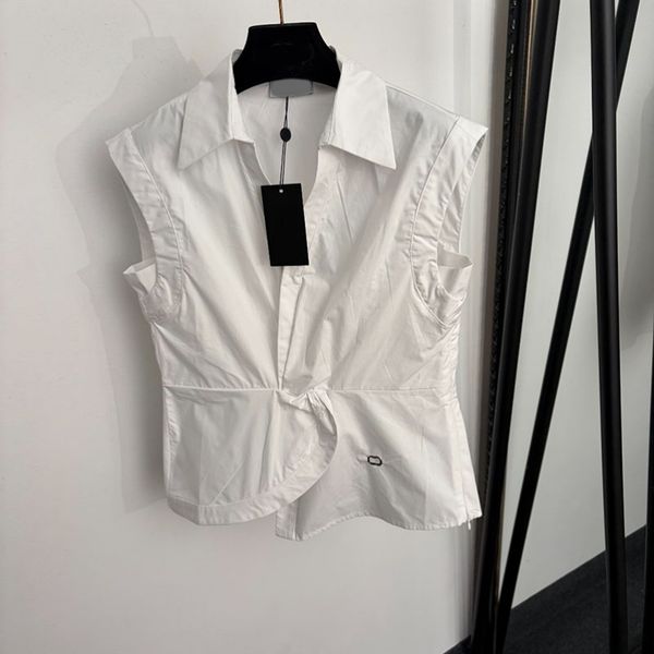 Women's Elegant Sleeveless Shirt Luxury French Style V Neck Blouse With Asymmetric Hem Summer Office Work White Shirts