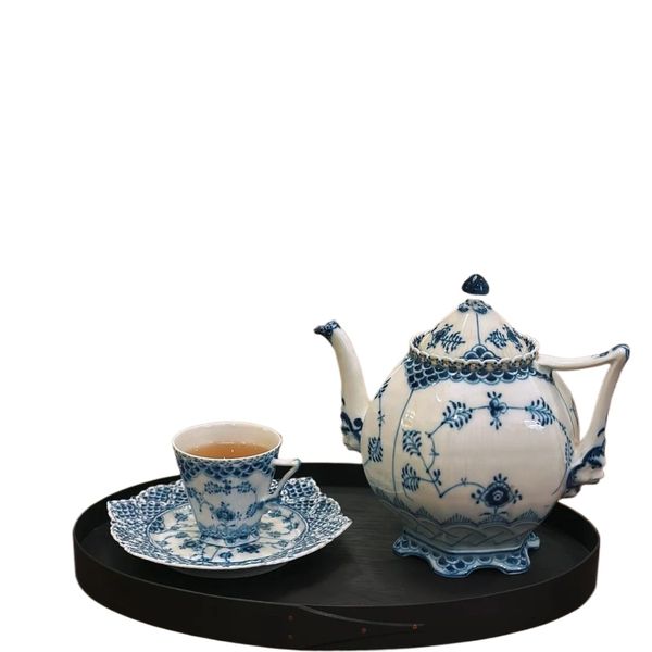 Nordic minimalist, cold hand-painted retro blue and white porcelain coffee blue and white Tang grass ceramic teapot teacup crown series set