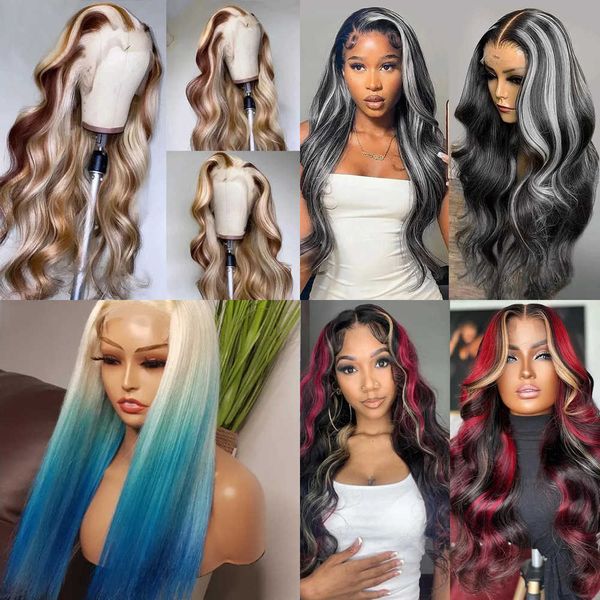 13x4 613 Blue Blonde HD Ombre Body Wave Lace Front Wig Synthetic And Blend perruque Pre Plucked Glueless Cosplay For Women X260701