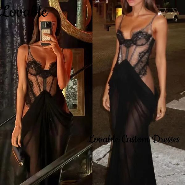 Customize Sleeveless Black Dresses Evening Sheath V-Neck Elegant Dresses For Women Floor-Length Lace Dresses For Special