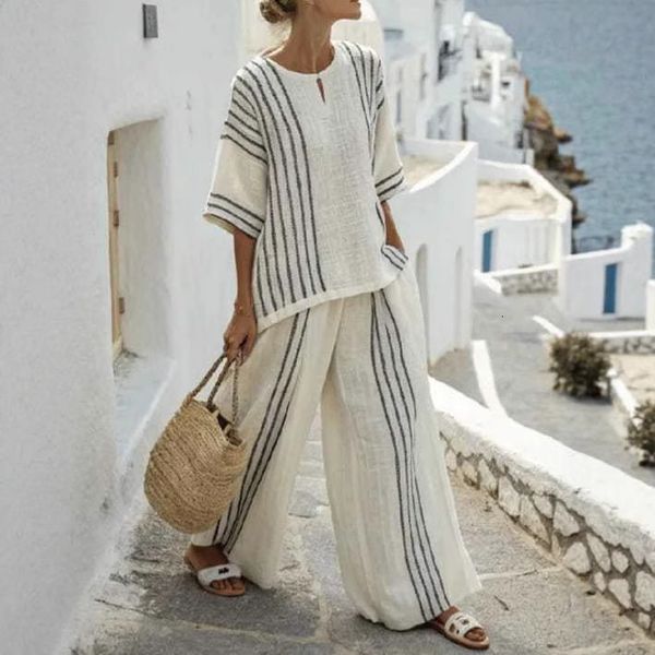 2026 Clothing Independent Station Round Neck Striped Short Sleeve Linen Cotton Top Casual Pants Women's 2-Piece Set Long Sleeved Casual Sports Suit