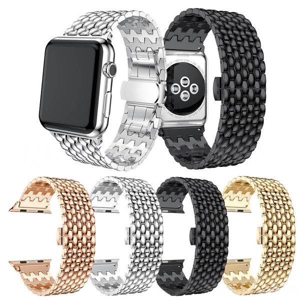 Designer Dragon Scale Stainless Steel Watch Band Butterfly Clasp Metal Strap For Apple Watch Series All Sizes Luxury Women Wrist Jewelry Replacement Bracelet