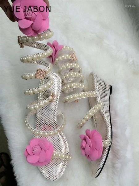 Women's White Flat Sandals with Flower Detail