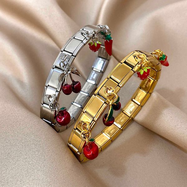 Geometric Square Stainless Steel Elastic Strap Bangle s for Women Strawberry Cherry Apple Pendant s Hand Jewelry Q260702
