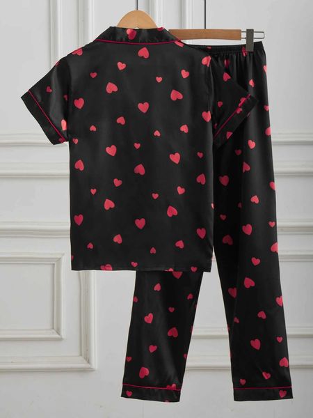 Pajama Womens Satin Set Silk Black Red Heart Print Short Sleeve Long Pants 2 Piece Loungewear Button Down Sleepwear S260703