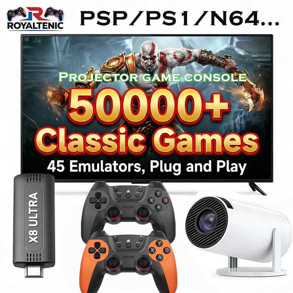 The X2PRO 2-in-1 gaming projector features two wireless Bluetooth controllers and over 50000 built-in retro games for PS5 Xbox T260703