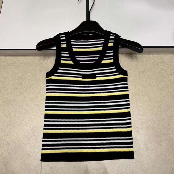 Miu Top Vintage Color Stripe Sleeveless Knit Vest Ladies Scoop Neck Elastic Ribbed Slimming Tank Top Horizontal Stripes Detail Stretchy Soft Knitwear Casual Top 33A