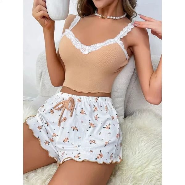 2Pcs Women Pajama Set Pink Lace Patchwork V-Neck Sleepwear Sexy Nighties Suit Cami Top Printed Shorts Soft Pyjamas Loungewear 260629