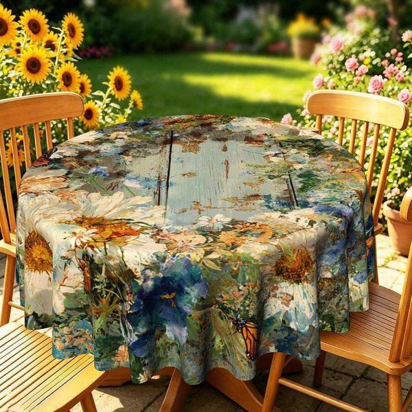 Painting 1pc Impressionist Retro Floral Sunflower Butterfly 2D Printed Round Tablecloth Decorative Table Cover For Outdoor Fall Gathering Backyard Pa C260703