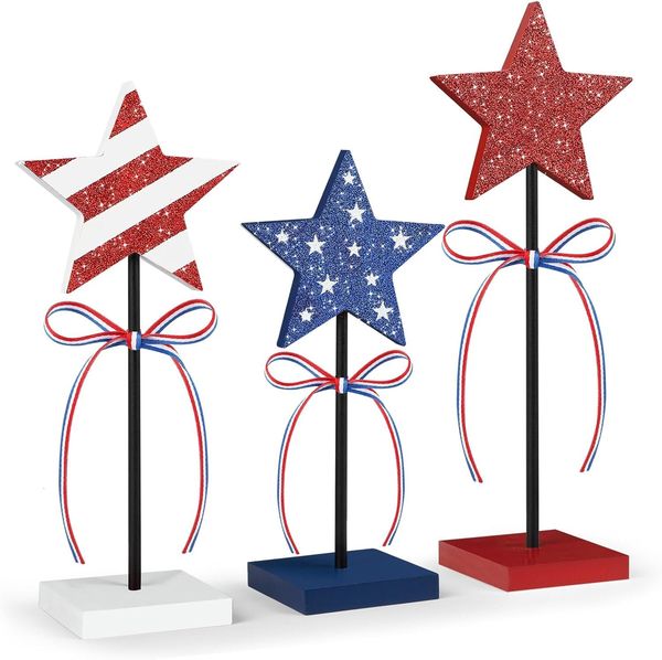 4Th Of July Tiered Tray Decor Wooden Star Set, 3 Pcs Memorial Day Table Decorations, Rustic Patriotic Tabletop Decor, Red White And Blue Decorations For Home