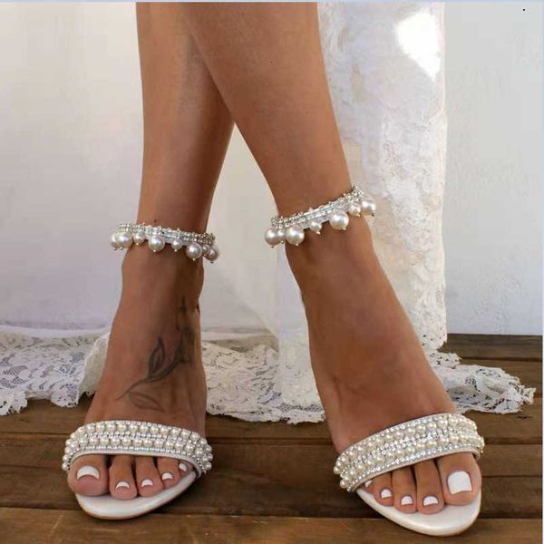 Block Heel Sandals White Pearl Open Toe Plus Size
