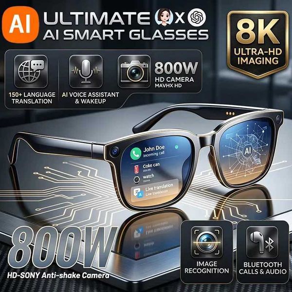 For Men Women Ai Smart Glasses 8MP 4k HD Camera Glasses AI Wake-up Bluetooth Music Audio Sunglass Language Translation T260703