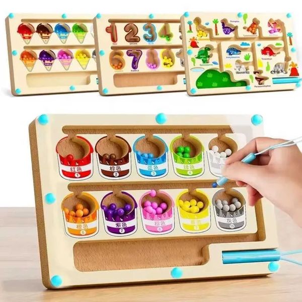 Magnetic Toy Intelligence Toys Montessori Magnetic Color Sorting Maze Board Pen Moving Bead Games Wooden Control Sensory Play toy for 3 year old Educational T