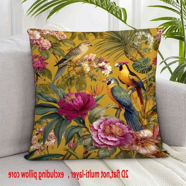 Pillow Case flat- 2D Vintage Tropical Birds and Flowers Throw Cover Yellow Botanical Floral Cushion Case for Home Decor D260703