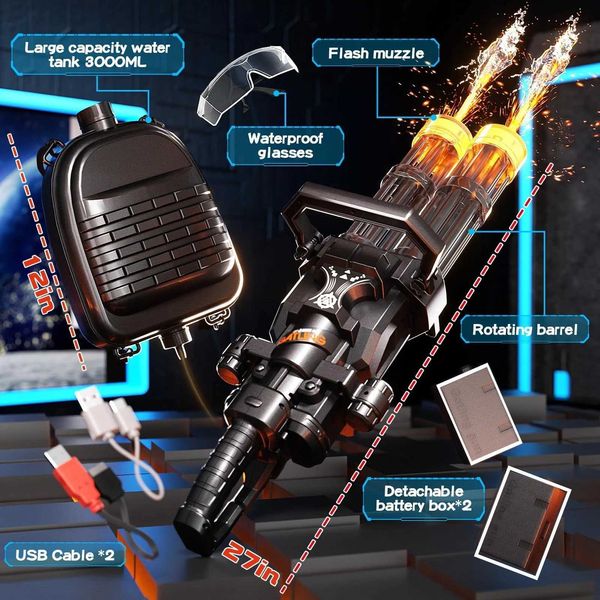 Automatic Gatling Water Gun Toy Rotating Double Barrel With Lighting Water Bag Continuous Shooting Fire Outdoor Toys for Kids H260703