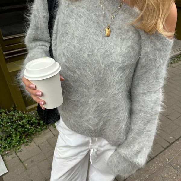 Casual Pullover Sweaters Elegant Lady Fall Winter Fashion Pullovers Women's Fluffy Off Shoulder Sweater Long Sleeve Knit Tops