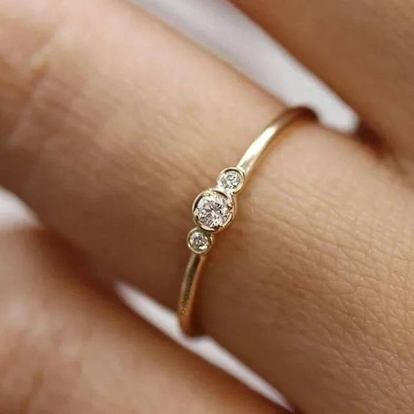 Huitan Exquisite Women Wedding Gold Color Smooth Ring with Three Cubic Zirconia Simple Stylish Female Rings Trendy Jewelry J260704