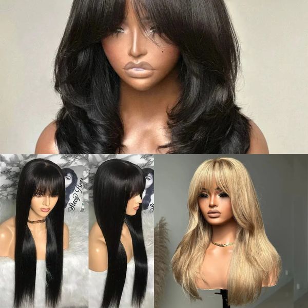 And Go With Layered Bang Glueless Ready To Wear 360 Full lace Human Hair Wigs For Women 13x4 Lace Closure Wig Synthetic 032 032