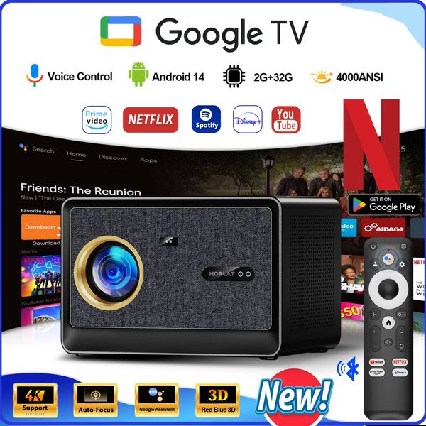 HORLAT 4000ANSI Lumen Ultra HD Projector Video Movies Google Home Theater 32GB Android 14 Auto Focus Smart TV Beam Projectors 26Y0706