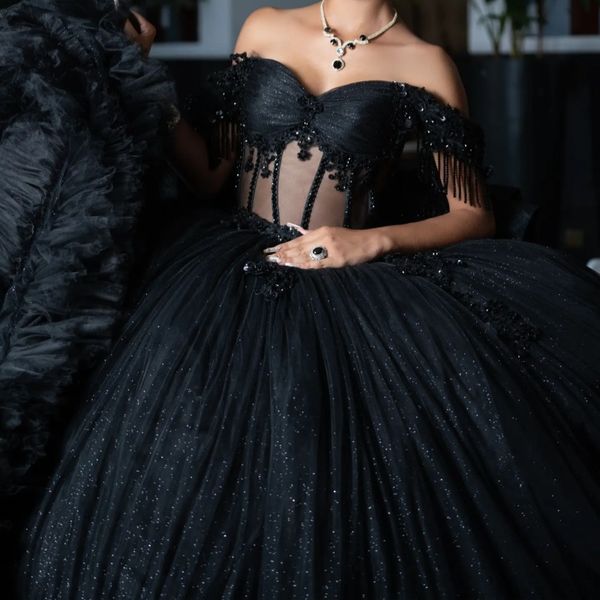 Shiny Black Quinceanera Dresses Ball Gown Sweet 16 Dress Beads Appliques Decal Bow Crystals Birthday 15th Party Gown Lace-Up