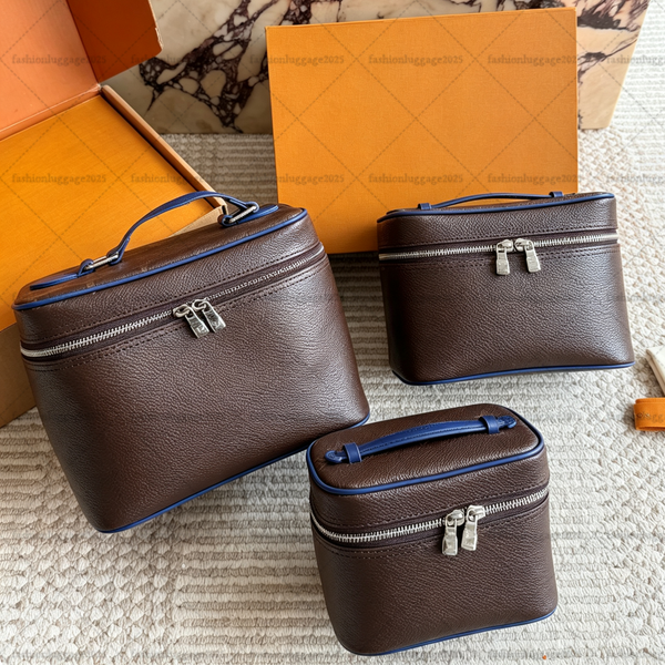 Luxury Designer Vanity Bag Women Travel Toiletry Pouch Cosmetic Organizer Wash Bag Top Handle Makeup Case Leather 3 Sizes Colored Edge