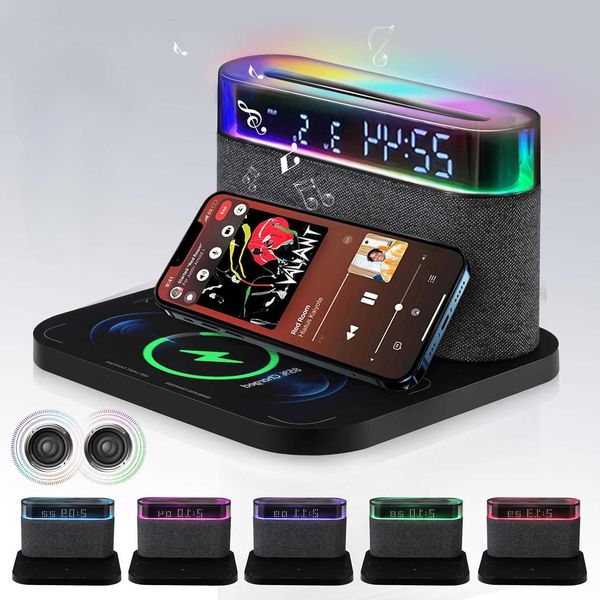 Bluetooth 6-in-1 Alarm Clock Wireless Charger Speaker Night Light 3 Colors for IPhone Watch AirPods iphone charger D260706
