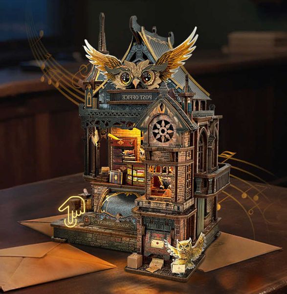 Post DIY Owl 3D Wooden Office Jigsaw Puzzles Miniature Model Kits with Lights for Friends Girls Birthday Gifts S260707