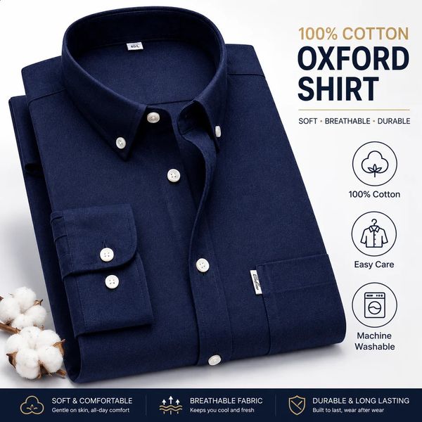 Mens 100 Pure Cotton Oxford Solid Long Sleeve Shirts Business Social Formal Male Single Pocket ner Classic Clothes 260707
