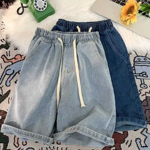 Men's Casual Elastic Waist Drawstring Denim Shorts Loose Fit Rolled Hem Summer Jeans ShortsH260707